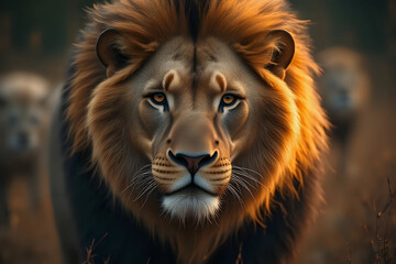 Naklejka premium powerful lion with majestic mane in background