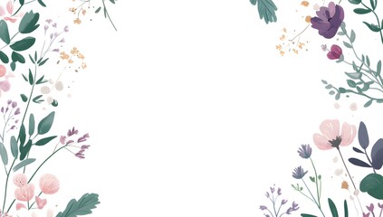 Floral border, pastel flowers, plants, blank space, design element