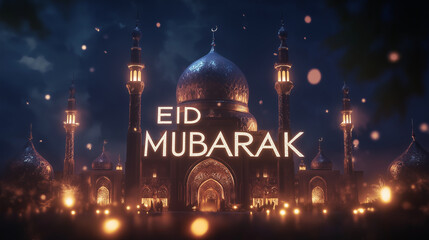 Stunning Night Eid Mubarak Mosque Festive Celebration Golden Lights Illuminated Architecture Beautiful Detailed Design Nighttime Festive Holiday Greeting Card Background Image Joy Hope Holy Islam     