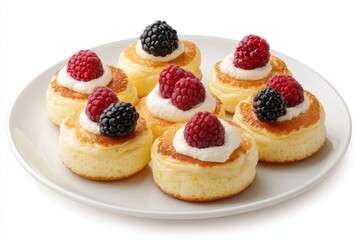 Delicious Japanese souffl&eacute; pancakes with whipped cream and fresh raspberries and blackberries on a white plate. Sweet dessert.