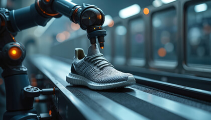 Automated shoe production line. Robotic arm places sneaker on conveyor belt. Factory machinery assembles footwear. Modern equipment, system offer efficient industrial automation, progress, high