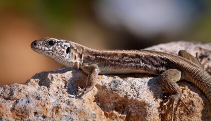 Naklejka premium Striking Closeup of an Agile Ibiza Wall Lizard, showcasing intricate Scales and Intense Eyes against the rugged Spanish Terrain, Embracing Natures Warmth and Vibrance.