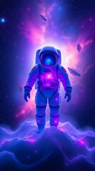 Fototapeta premium Astronaut explores colorful galaxy backdrop with vibrant cosmic elements