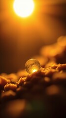 Transformative golden orb reflecting light on soft surface as the sun illuminates the background