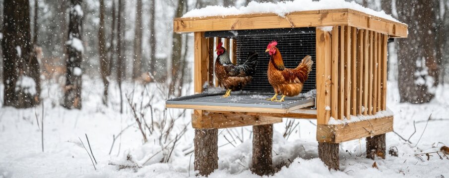 Backyard chickens kept warm with heated perches to avoid frostbite in cold temperatures.