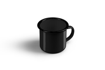 Mockup of enamel black mug with black rim, handle, isolated on background.