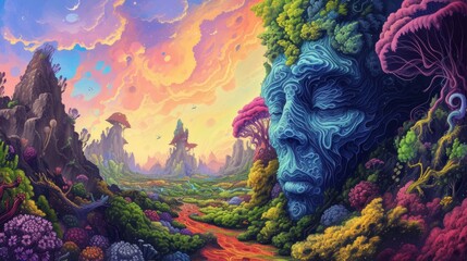 Mystical Forest with Ancient Stone Face.