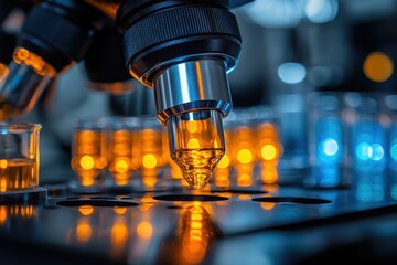 Microscopic exploration of colorful liquids in laboratory environment reveals intricate details and scientific processes