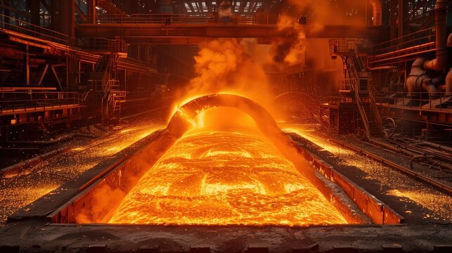 Production process at a steel plant. Work in the foundry. The process of work at a metallurgical plant. Metallurgists. Blast furnace. Melting metal. Domna. Conveyor. 