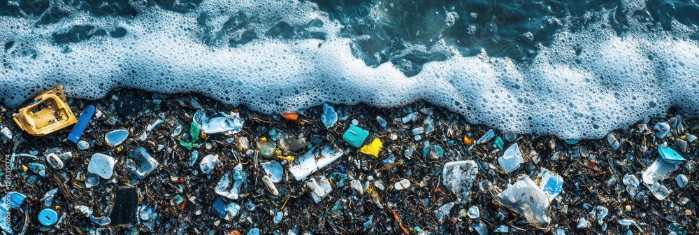 Poster plastic fragments scatter along ocean waves highlighting pollution concerns in coastal environments.
