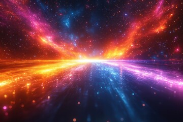 Vibrant cosmic landscape with swirling colors and glowing lights in a vast expanse