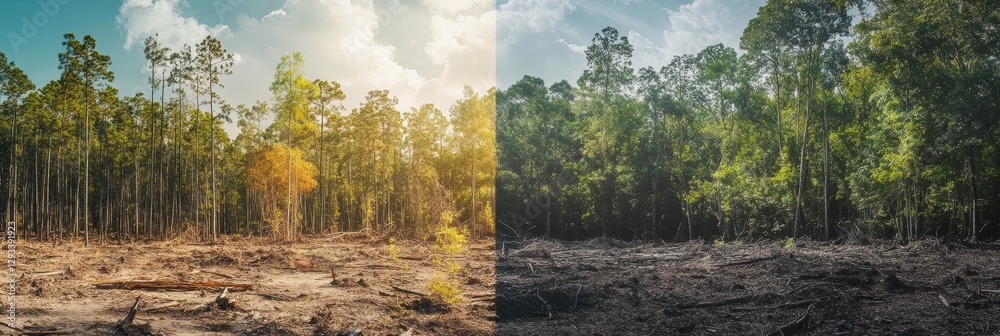 Poster contrast between deforested land and thriving forest highlights the urgent need for nature conservat