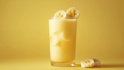 Banana smoothie in a glass on yellow background with banana slices.