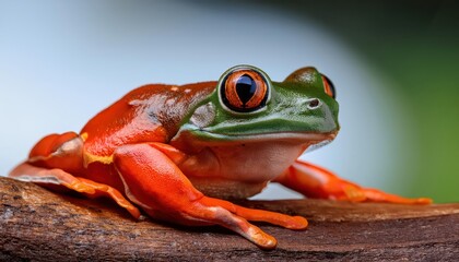 Striking Tomato Frog in Macro Detail, Vibrant Reds and Greens Contrasting against a Dark Backdrop, Capturing the Fascinating Textures of Natures Miniature Wonders.
