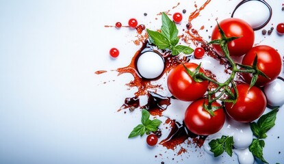 Fresh Red Tomatoes with Splashes of Sauce and Green Basil Leaves