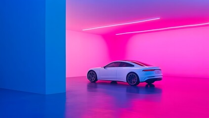 Futuristic white car in vibrant neon garage