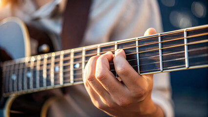 Close-up of Person Playing Acoustic Guitar with Natural Light and Soft Background