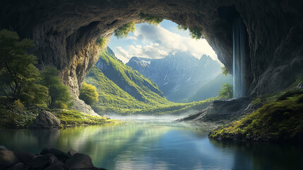 Rock cave illustration and mountain view. Stone grotto with hole near beautiful peaceful summer nature and ridge landscape. Water flowing from wall inside cavern to lake. Scary adventure environment