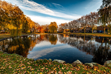 Spiegelung am Dorfteich in Petersdorf auf Fehmarn im Herbst mit leuchtenden Herbstfarben