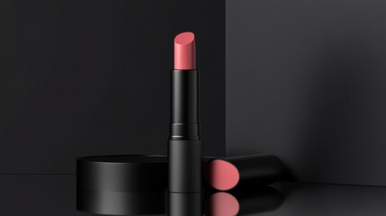 High-quality lipstick displayed in minimalist design with soft pink shade against dark backdrop