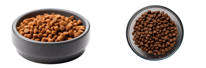 Set of a gray bowl filled with dog food, isolated on transparent background .