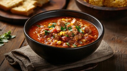 Flavorful chili con carne served in a rustic bowl with cornbread on the side