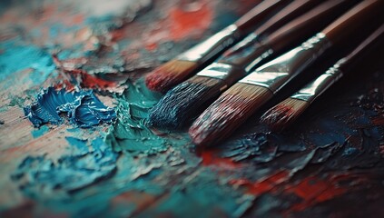 Naklejka premium Closeup of Paintbrushes on a Colorful Palette