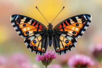 Naklejka premium Butterfly resting on a vibrant flower surrounded by colorful blooms in a summer garden setting