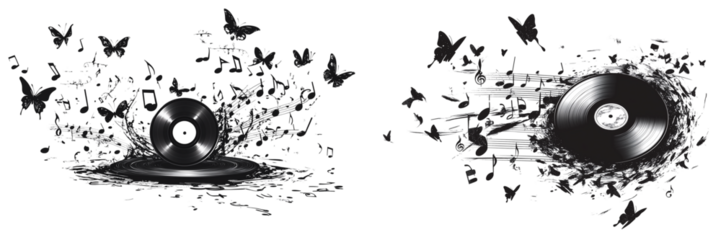  Set of a musical notes, with a vinyl record, flying butterflies, isolated on transparent background .