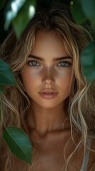 Woman with Blonde Hair, Lush Green Leaves, Outdoors, Portrait