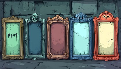 Five ornate mirrors, stone wall. Game asset