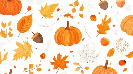 hand-drawn leaves, acorns, and pumpkins in orange pastel tones on a white background