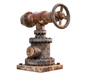 Fototapeta premium Rusty water pump with large wheel and industrial design, showcasing weathered metal and intricate details. Ideal for industrial or vintage themes