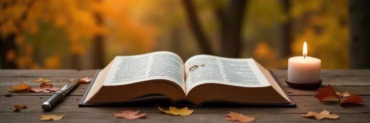 Obraz premium An open Bible resting on a wooden table with a single flickering candle beside it amidst the fall foliage, fall, sacred space