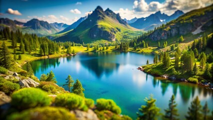 Fototapeta premium Tilt-Shift Panorama: Ergaki Natural Park's Bird Pass Lake, Western Sayan Mountains