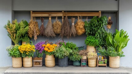 Colorful Herb and Flower Stall in Outdoor Market Setting