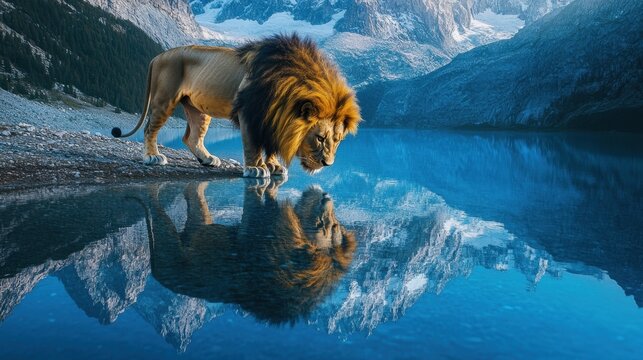 A large stately lion with a beautiful mane stands at the foot of a blue lake and looks at its reflection in the water. It is upside down, and the mountains are reflected in it.