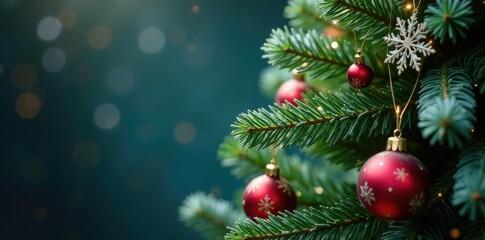 Obraz premium Glittering snowflakes on a lush green fir Christmas tree with ornaments, frosty, snowflake