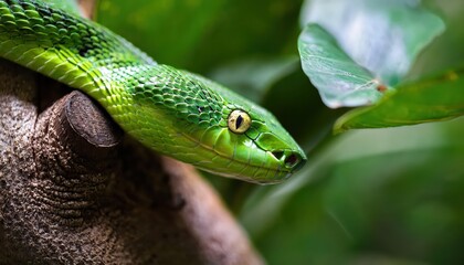 Fototapeta premium Closeup of a Stunning Western Natal Green Snake Philothamnus occidentalis Perched on a Tree Branch in the African Wilderness, Showcasing Vibrant Greens and Bold Patterns amidst Lush Leaves