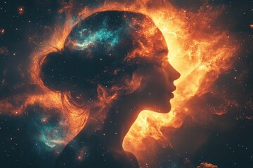 Silhouette of a woman surrounded by a cosmic nebula with vibrant colors and dynamic shapes illustrating the beauty of the universe