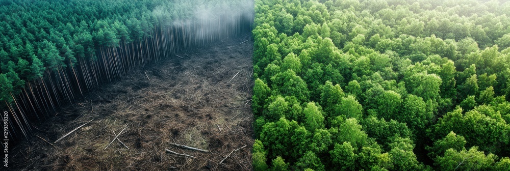 Wall mural contrast of deforested land and lush forest highlights the importance of nature conservation in envi