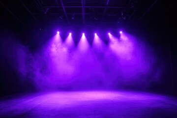 spotlight beams carve through a smoky violet haze illuminating an empty stage with a bold electric buzz of anticipation