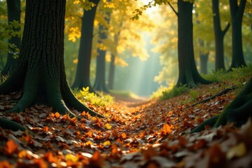 The forest floor is carpeted with fallen leaves and branches, forest floor, nature, branches