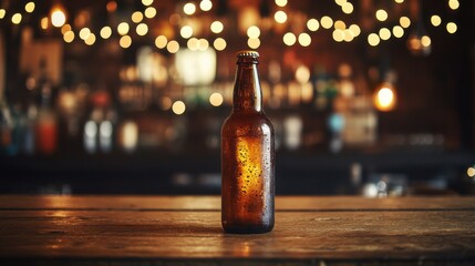 Rustic amber bottle standing on a wooden table in a cozy bar with soft ambient lighting during the evening hours