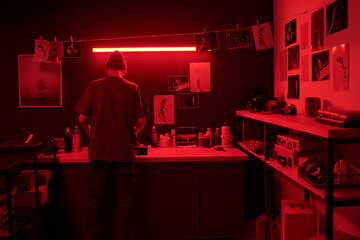 Back view of young photographer in creative process standing at workstation while developing photos in darkroom lit by red neon light copy space