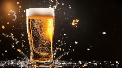 Refreshing beer splashing in a glass against a dark background, highlighting the golden color and bubbles