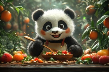 Fototapeta premium Cute panda preparing a colorful salad in a vibrant fruit garden setting