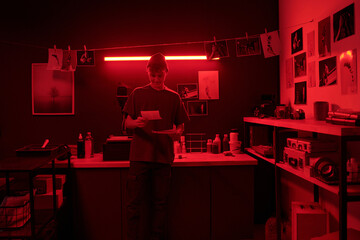 Front view portrait of smiling teenage boy holding developed photo prints while working in darkroom lit by red light young photographer in studio copy space