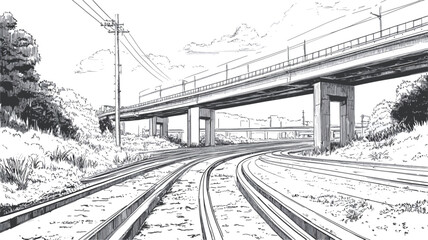 The image is a monochrome illustration or sketch depicting a railway line crossing over an elevated roadway. The style is highly linear, with detailed rendering of the railway tracks, bridge