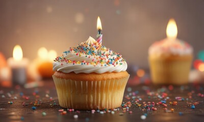 Vanilla cupcake with colorful sprinkles and a lit candle on top, burning candle, cake